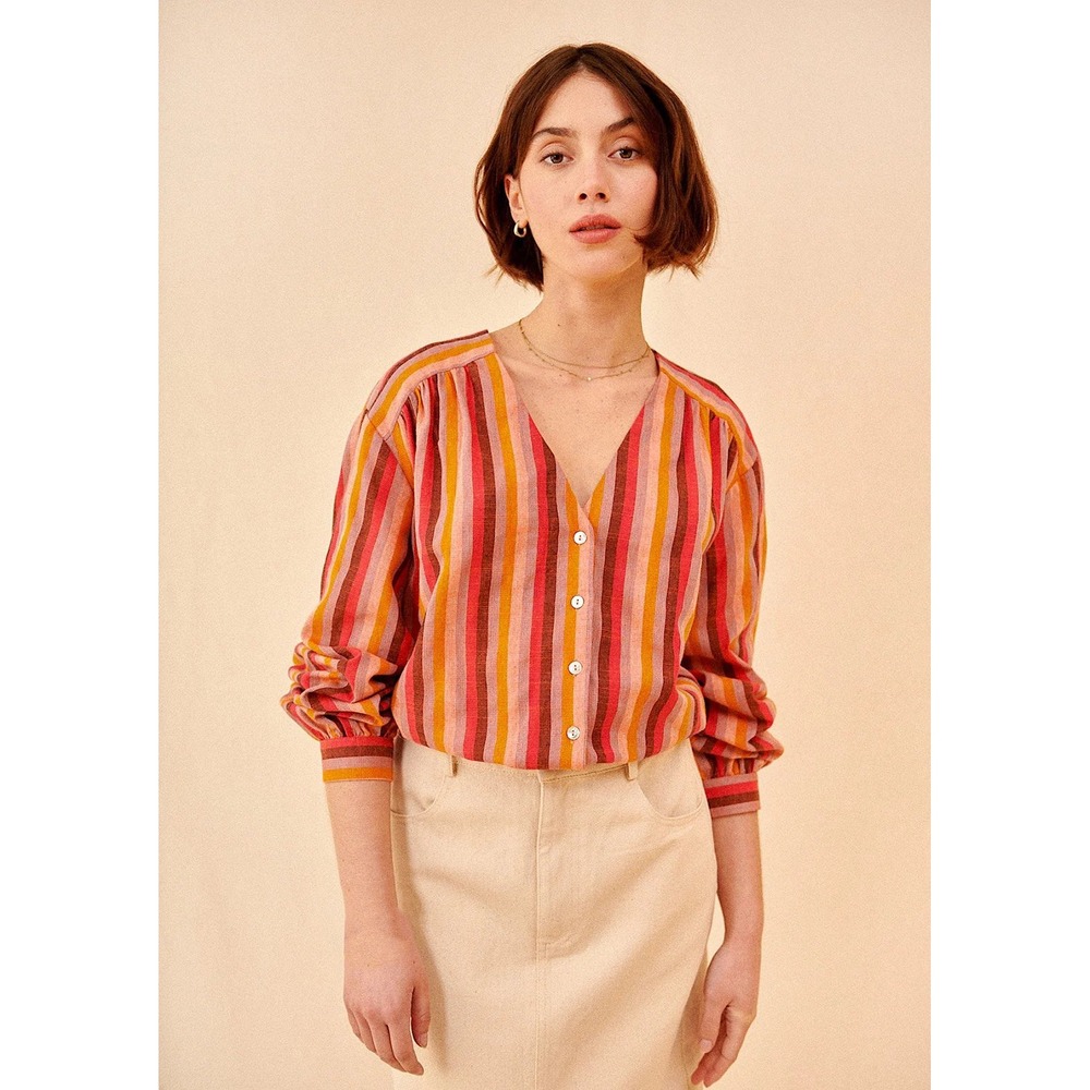 Garance Paris Women Linen Cotton Sevilla Top S Pink Orange Striped Artsy Cottage